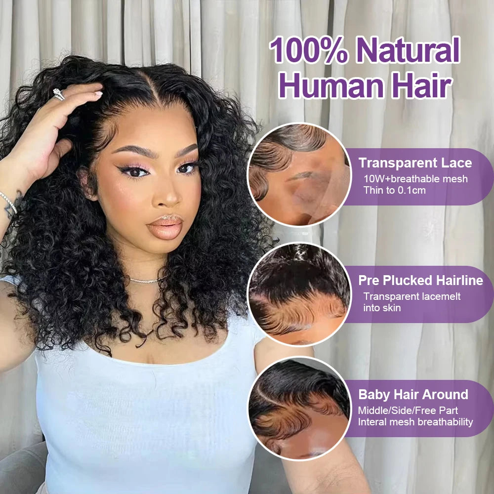 100% Human Hair wigs Glueless Deep Wave Bob Wigs 13x6 Transparent Lace Frontal Wig 16 inch Kinky Curly Short bob Wig of Women