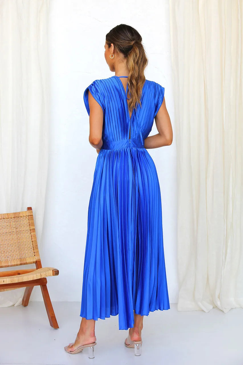 Elegance Draped V-Neck Pleated Skirt Dress 2025 Women Solid Strapless Backless Patchwork Loungewear Simple Maxi Dress
