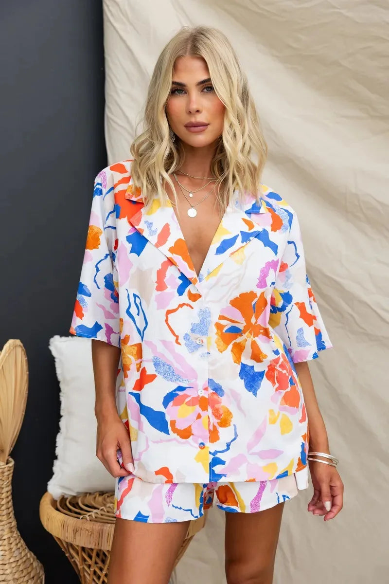 Summer Women Retro Print Short Sleeve 2PCS Loose Suits Casual V-Neck Shirt Top Elastic Waist Short Pants Sets Beachwear
