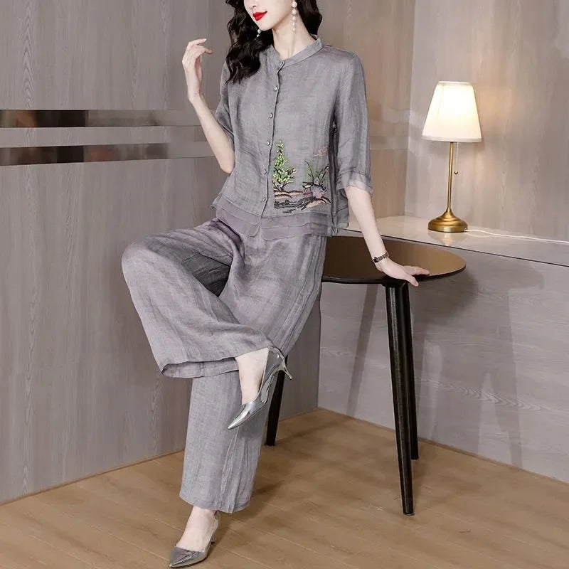 Grey Summer Art Embroidery Chinese Style Set Linen Western Style Summer Wide Leg Pants Casual Fashion Two piece Cotton Set XXXL