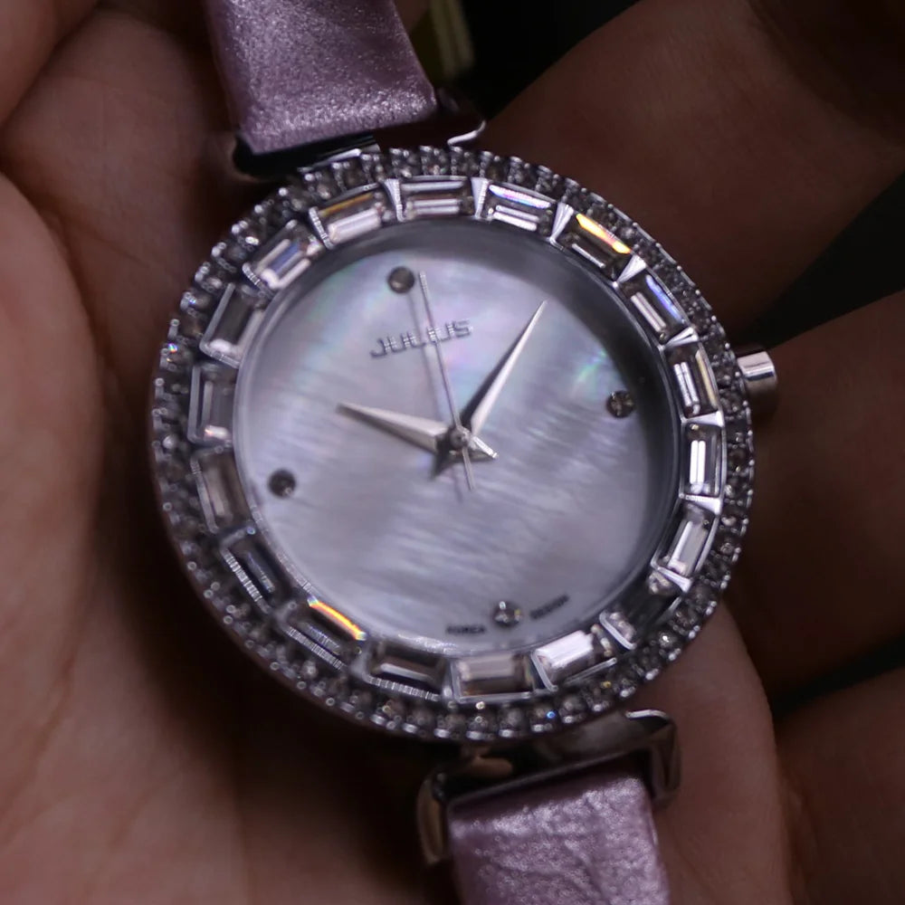 Mother-of-pearl Rhinestones Julius Lady Women's Watch Fashion Hours Bracelet Real Blue Leather Girl's Birthday Gift Box