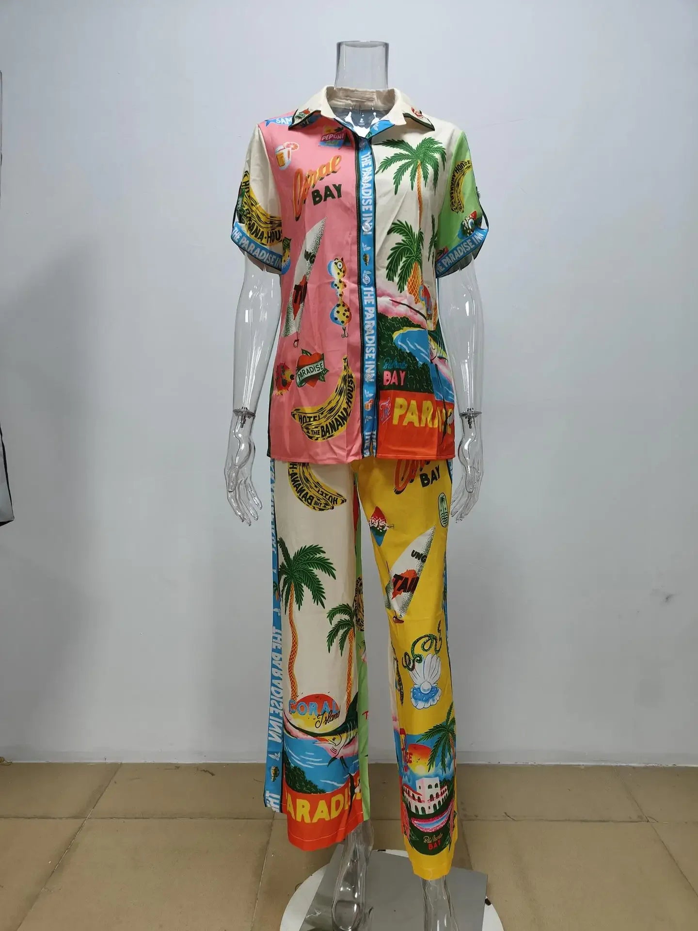 Long Sleeve Long Pant Sets Women Retro Lapel Single Breasted Blouses Trousers 2 Piece Set Printed Color-blocking Elastic Waist