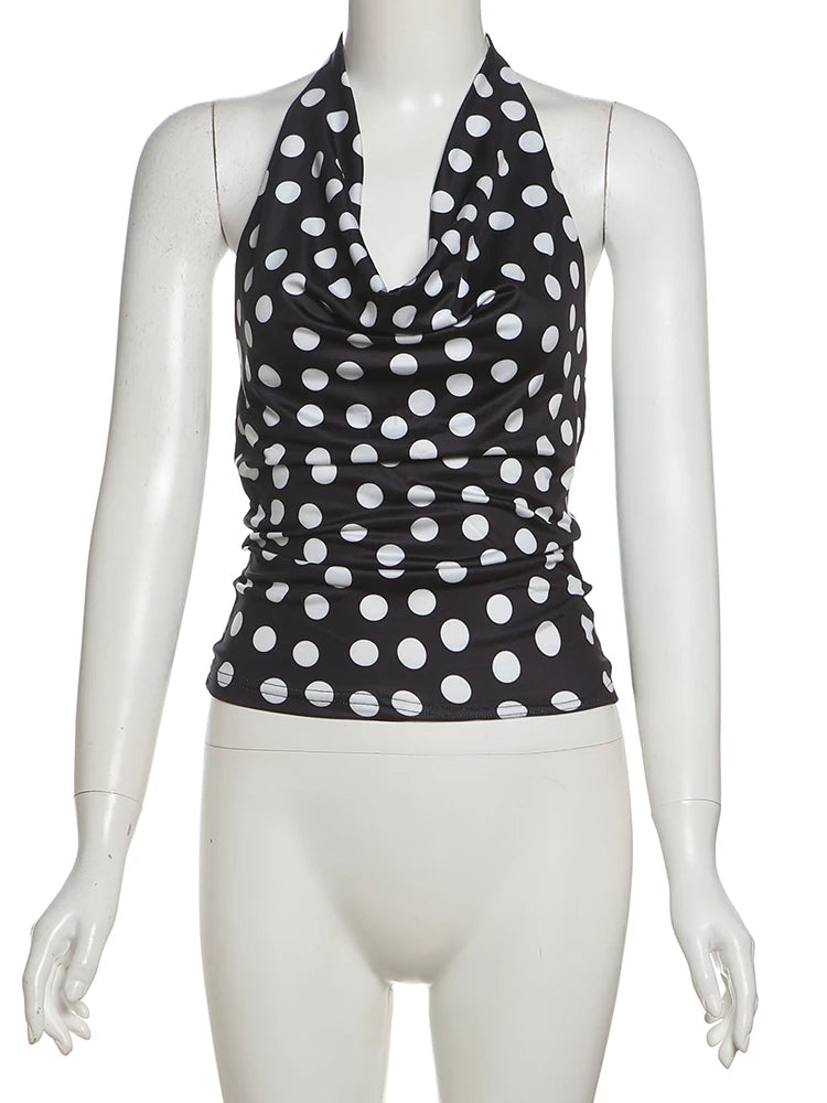 Weird Puss Polka Dot Print Tank Top Women Y2K Halter Swing Collar Backless Skinny Hottie Summer Midnight Street Basic Wild Vest
