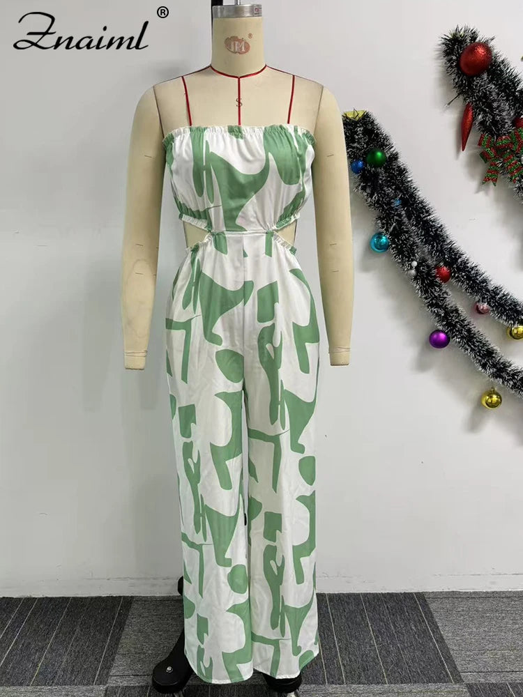 Znaiml Strapless Off Shoulder Hollow Out Green Printed Wide Leg Pants Jumpsuits Women Sexy Beach Vacation Summer Party Overalls
