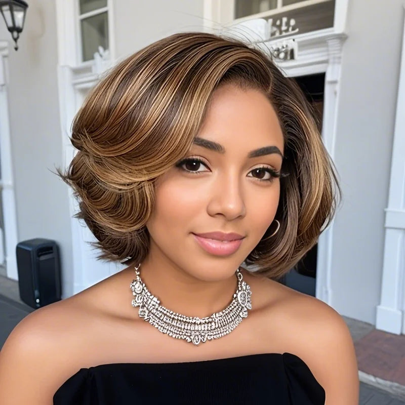 Higlight Piano Color Premium Human Hair Wigs 180% Short Bob Straight 13X4 Lace Front Wig Breathable Lace Frontal Wig