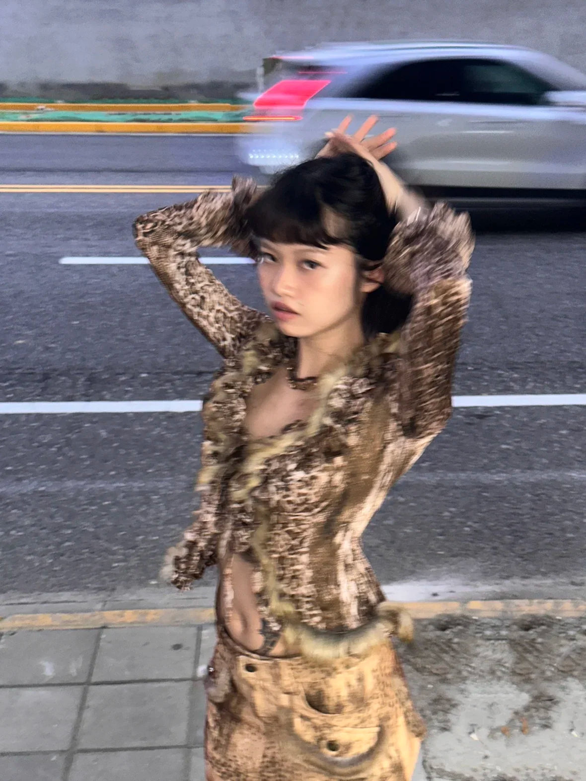 Karrram Japanese Y2k Leopard Print Shirt Vintage Harajuku Fur Shirt Grunge Aesthetics V-neck Irregular Blouses American Retro
