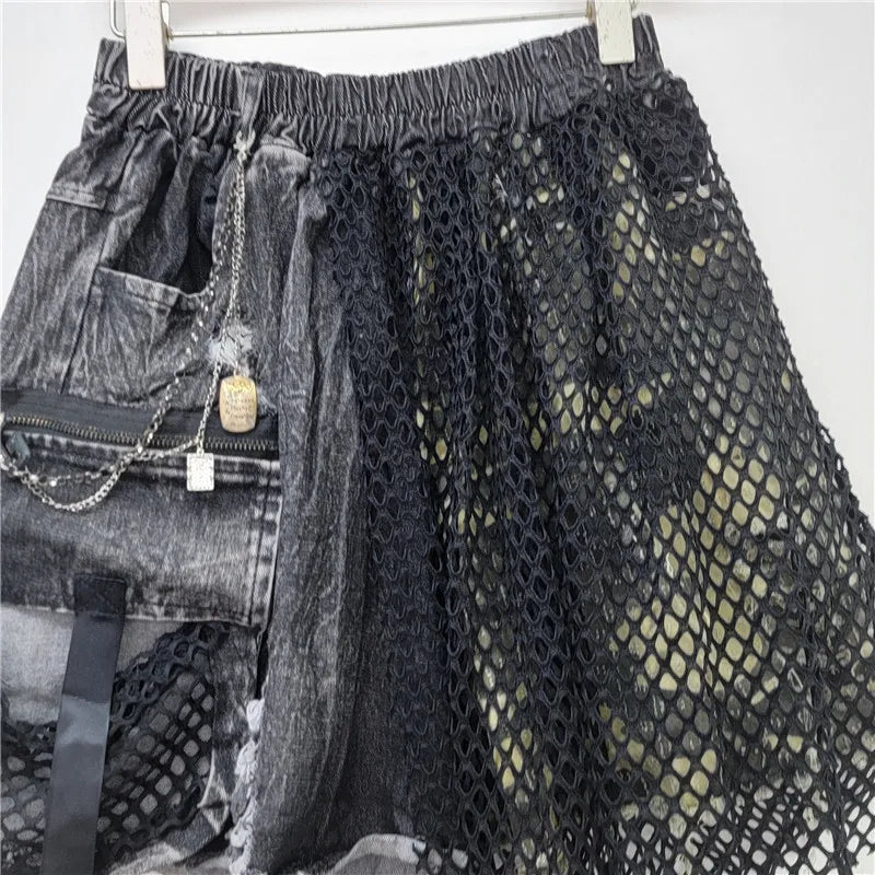 YEAE 2024 Winter New Items Trendy Camouflage Denim Shorts For Women Fashion Elastic Waist A-line Short Pants Female