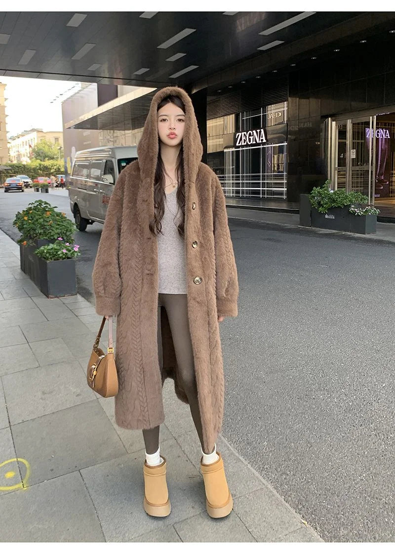  2025 Winter New Thick Women's Long Imitation Mink Plush Cardigan With Integrated Fur Eco-Friendly Hooded Fur Coat Solid Color