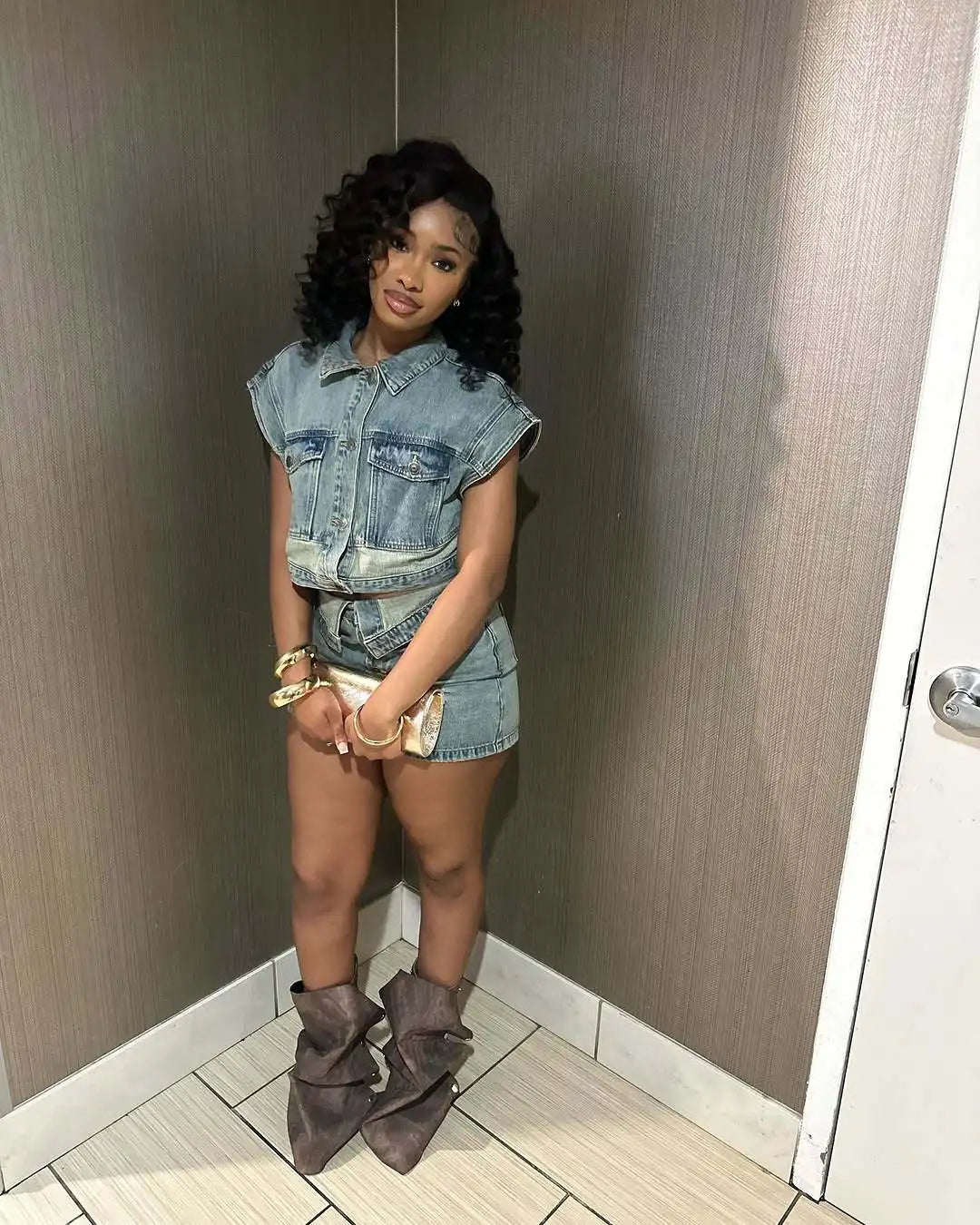 Joskaa Patchwork Stretch Denim 2 Piece Sets Women Lapel Button Pocket Tank Tops and Irregular Shorts Matching 2025 Streetwear