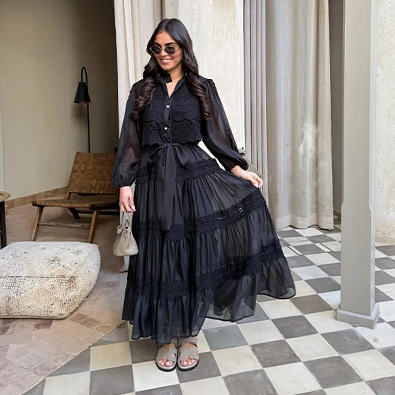 Embroidered maxi Dress Women Lapel Hollow Fashionable Short Sleeve Belt High Waist long Dresses Female Summer Chic robe