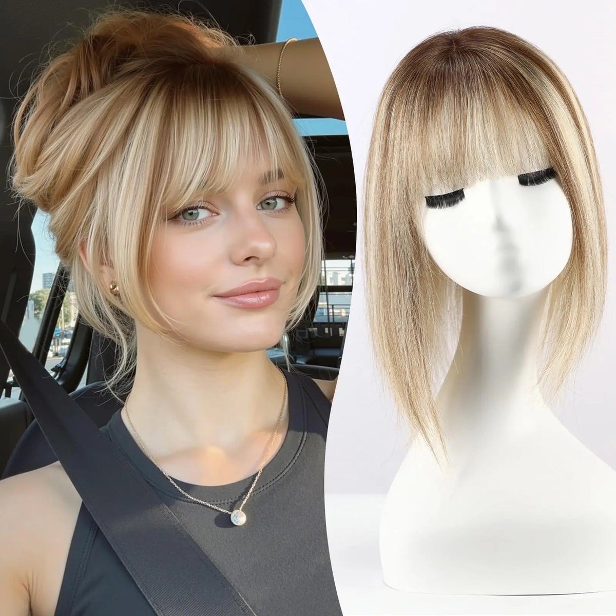 Ombre Brown Blonde Silk Base Human Hair Topper With Bangs For Women
