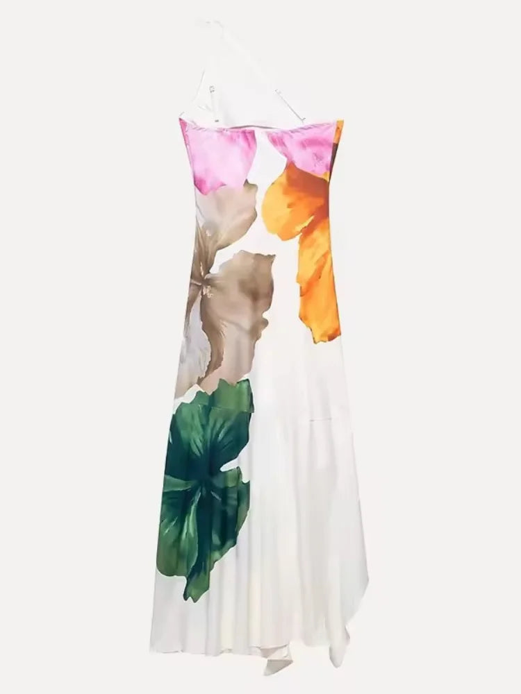 Flower Print Slanted Shoulder Dress Vintage Backless Sleeveless Skinny Irregular Robe For Women 2025 Summer Lady Beach Vestido