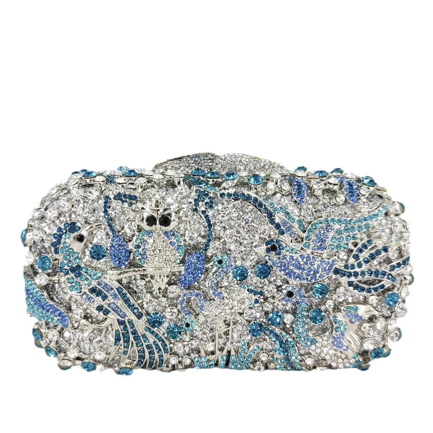 Boutique De FGG Light Blue Spahire Bird & Flower Women Crystal Clutch Evening Bags Wedding Bridal Animal Rhinestone Handbags