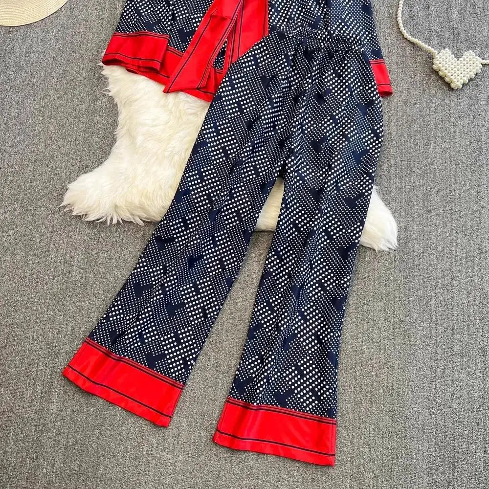 Women Contrast Dot Print V-Neck Loose Lace Up Top+Elastic Waist Wide Leg Pant Suit Autumn Fashion Kimono Cardigan Two Piece Set