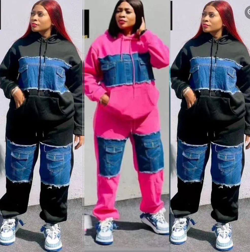 Pants Set Women Two Piece Sets Hooded Matching Sets Sweatshirts Long Pants High Waist Denim Splice Y2k Casual Jogger 2025