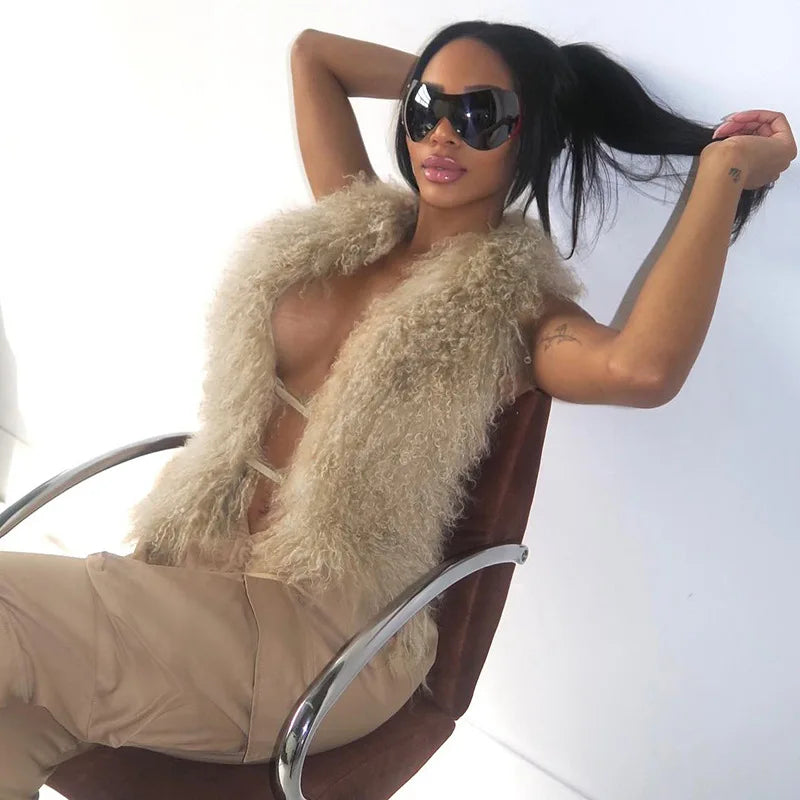 FAGADOER Sexy Fur Patchwork Woman 2 Piece Set Outfit Deep V Backless Lace Up Crop Top + Leopard Print Pants Female Streetwear