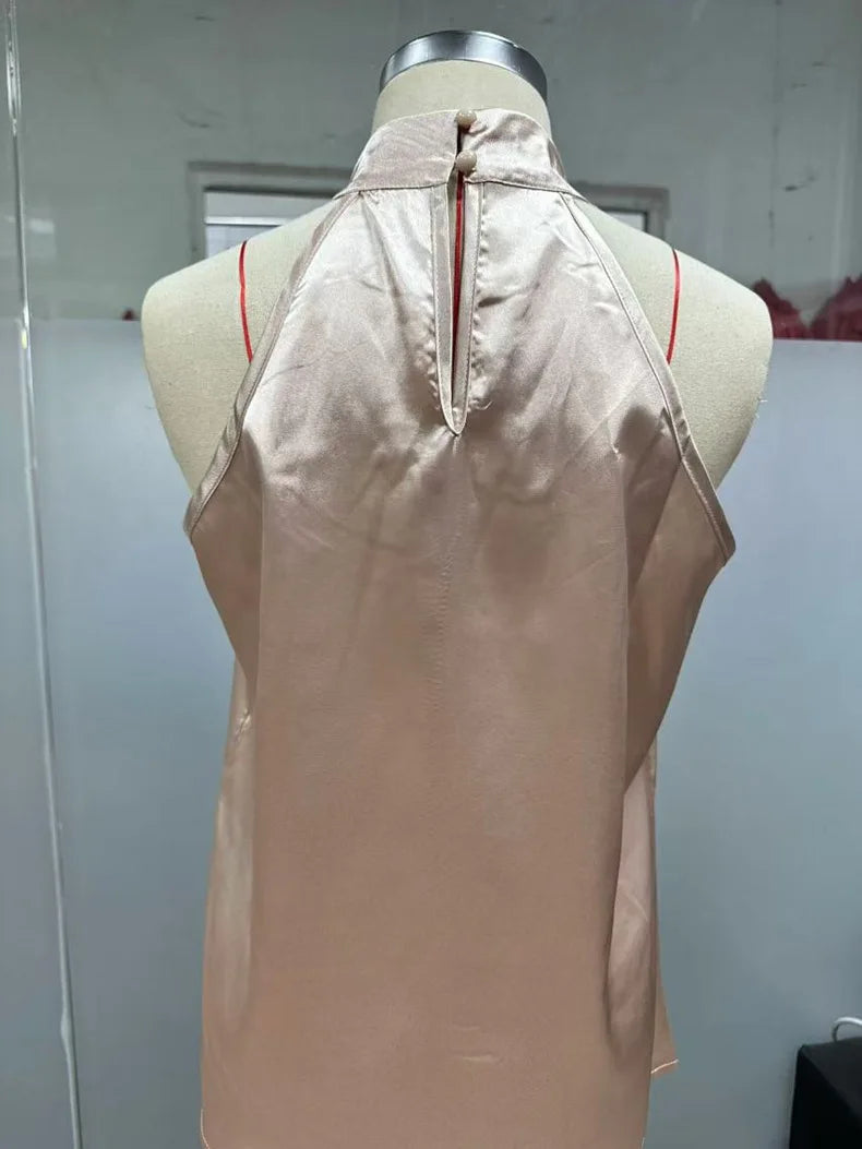 Women's Tops 2025 Summer New European and American Clothes Satin Halter Sleeveless Vest Sexy Commuting Satin Simulated Silk Top