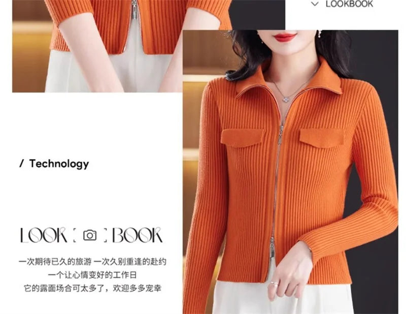Fashion Zipper Short Knitted Cardigan Sweater 2025 Spring Autumn New Korean Versatile Coat Top Turn-Down Col Sweater Solid Color