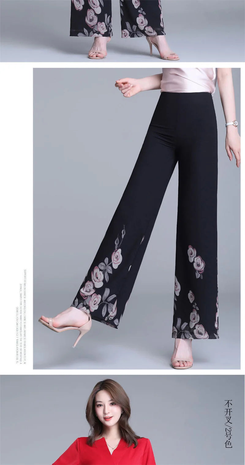 Double Layer Printed Chiffon Wide Leg Pants For Women's Summer New High Waisted Loose Dance Swing Pants Drooping Skirt Pants LA