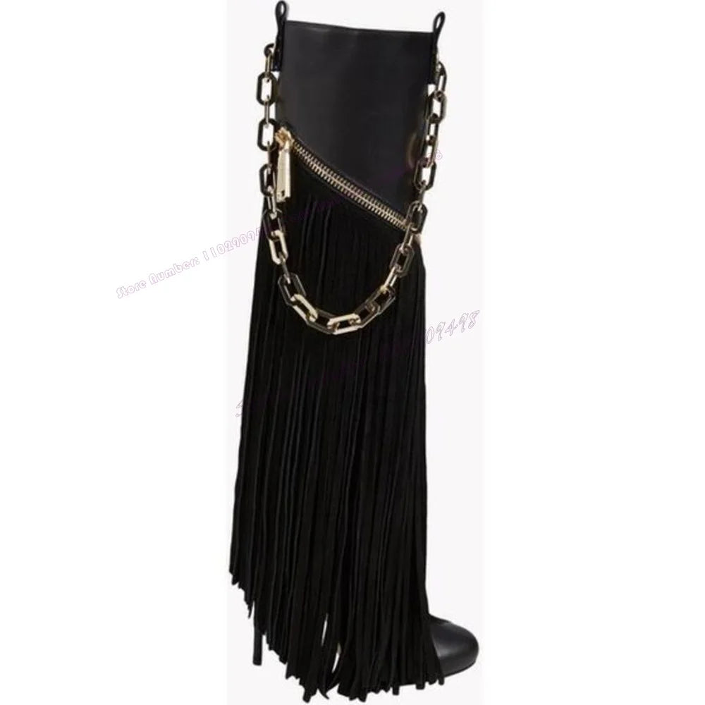 Black Tassel Metal Chain Boots Patchwork Round Toe Shoes for Women Knee High Thin High Heels Sexy Shoes 2025 Zapatos Para Mujere