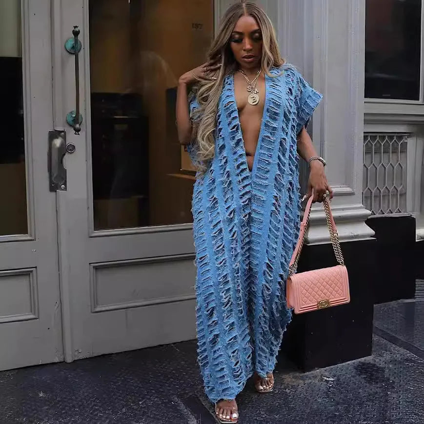 CM.YAYA Women Cutout Hollow Out Deep V-neck Loose Straight Wide Leg Denim Jumpsuit Jeans 2024 Sexy Street  One Piece Suit Romper