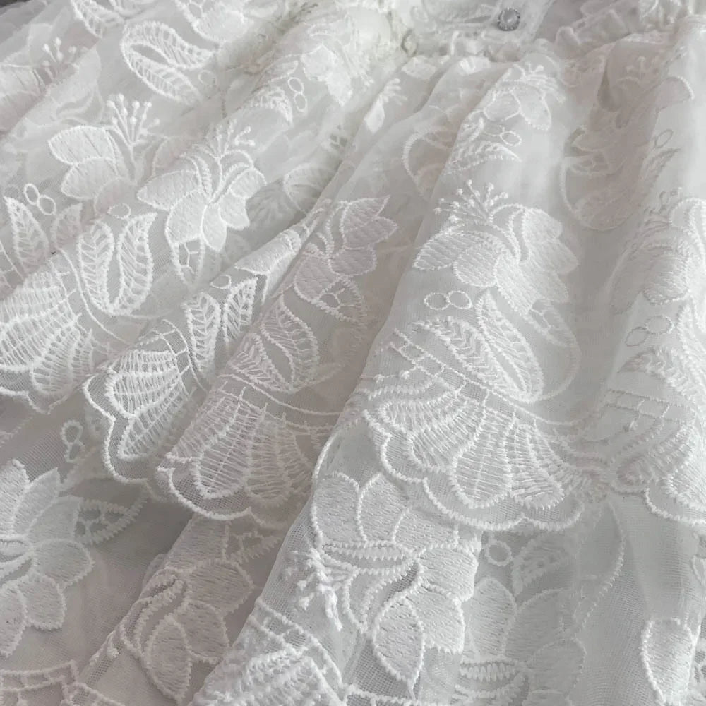 Vintage Elegant Lapel Single-Breasted White Embroidery Puff Sleeve A- Line Cake Dress Cross-Border Summer 2022