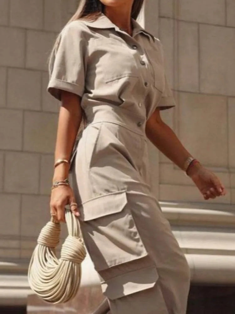 Beautyblue Women Cargo Jumpsuits Summer Business Casual Outfits Buttoned Pockets Lapel Loose Elegant Khaki Cargo Romper Female
