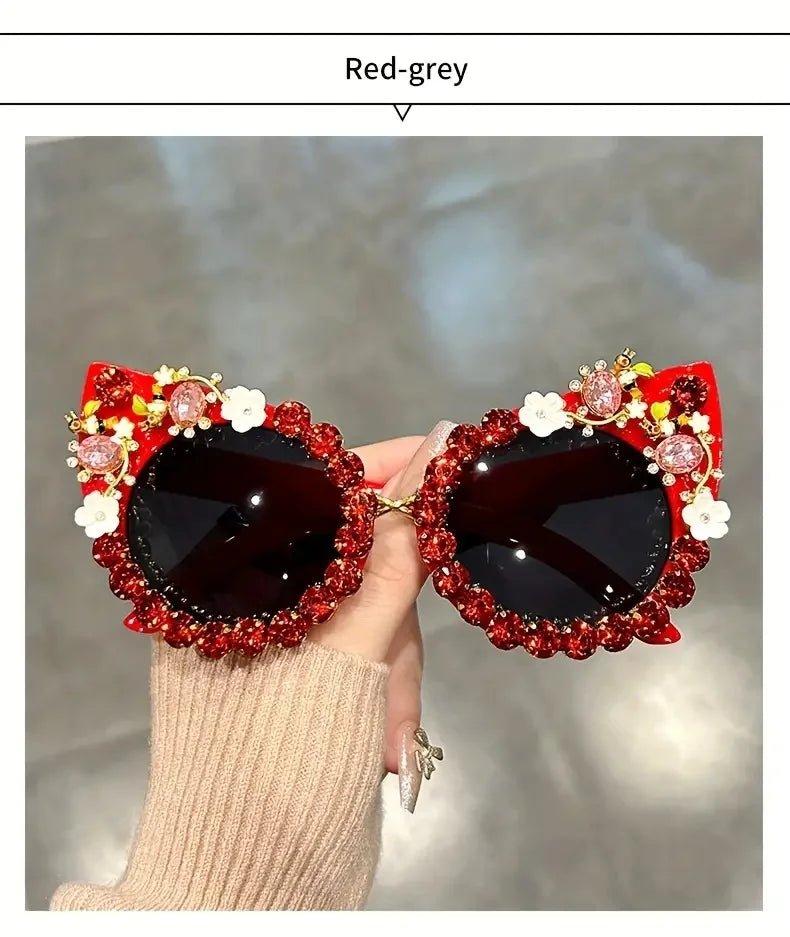 Luxury Rhinestone Flower Sunglasses Cat Eye Gradient Decorative Shades Props For Costume Party Prom