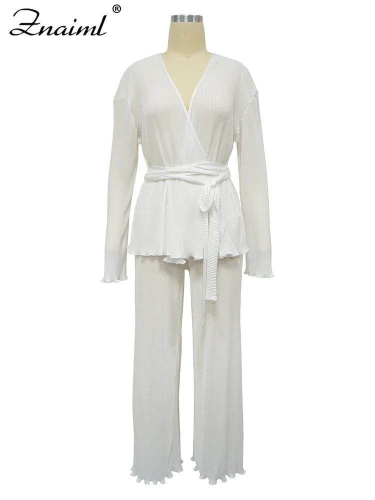 Znaiml Elegant Pleated Two 2 Piece Sets Women Full Sleeve V-neck Belt Tops and Wide Leg Pants Office Lady Outfits Vacation Suits