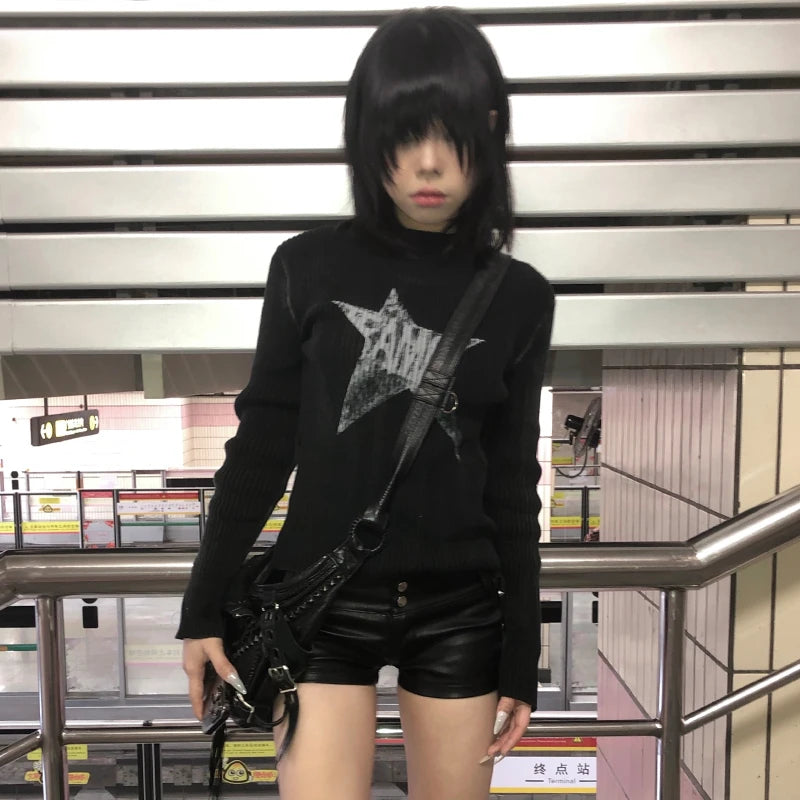 Karrram Japanese Y2k Black Knitted Tops Trashy 2000s Style Long Sleeve Knit T-shirt Vintage Harajuku Distressed Knitwear Grunge