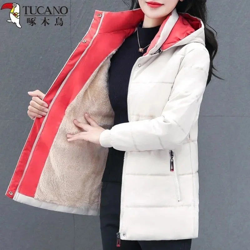 Detachable Hooded Parka Windproof jacket Female's winter jacket plush and Thickened High-End Women's Short Cotton Coat Patchwork