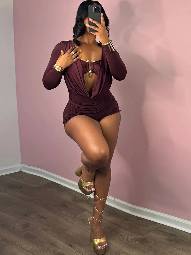 Weird Puss Sexy Women Swing Collar Romper+Metal buckle Bra Hipster Midnight Party Coquette New Spring Trend Workout Playsuits