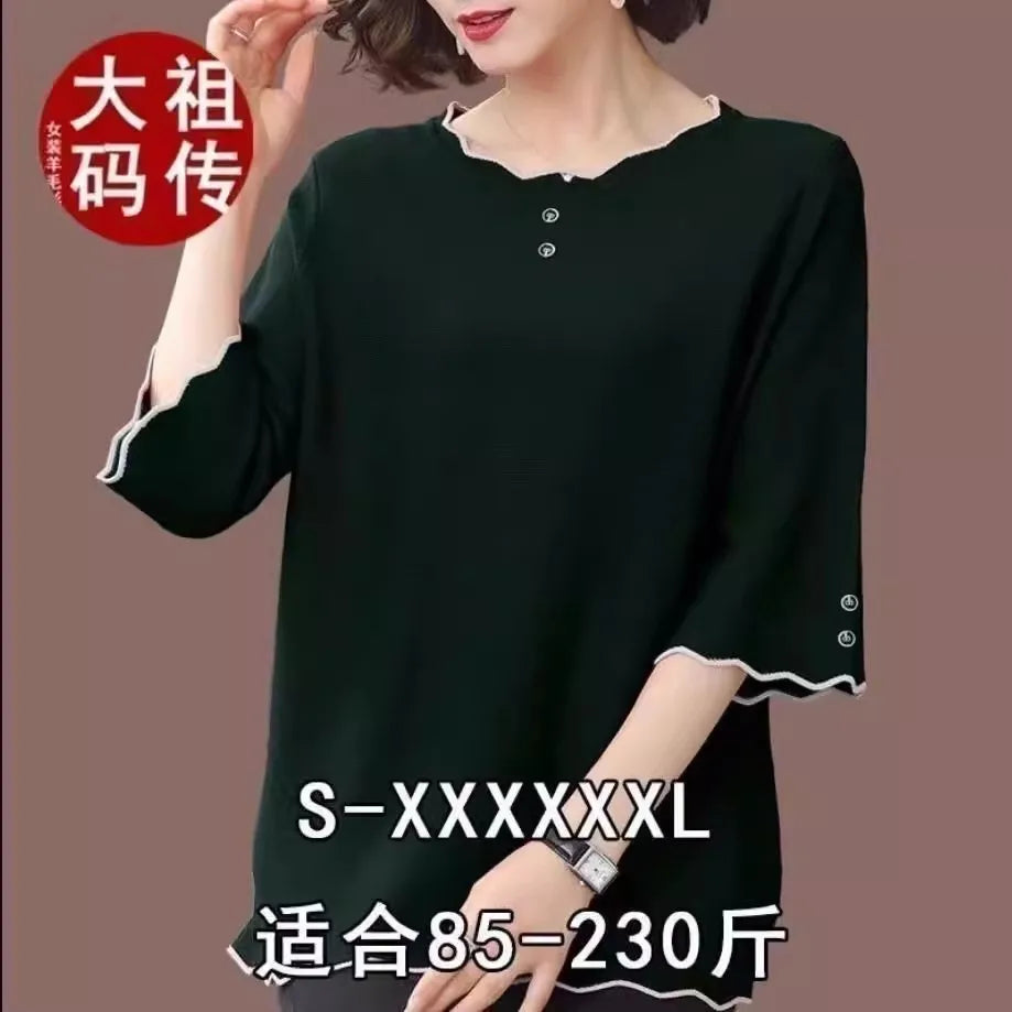 6XL Mom Large Summer New Ice Silk Shirt 3/4 Sleeves Round necked T-shirt Knit Sweater Loose Top For Wearing Outwear Top Black