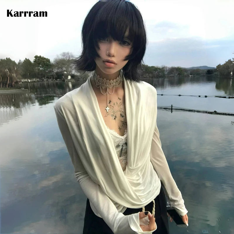 Karrram Japanese Y2k Cross Tops Trashy 2000s Style V-neck Long Sleeve T-shirt Vintage Harajuku White Irregular Tops American 90s