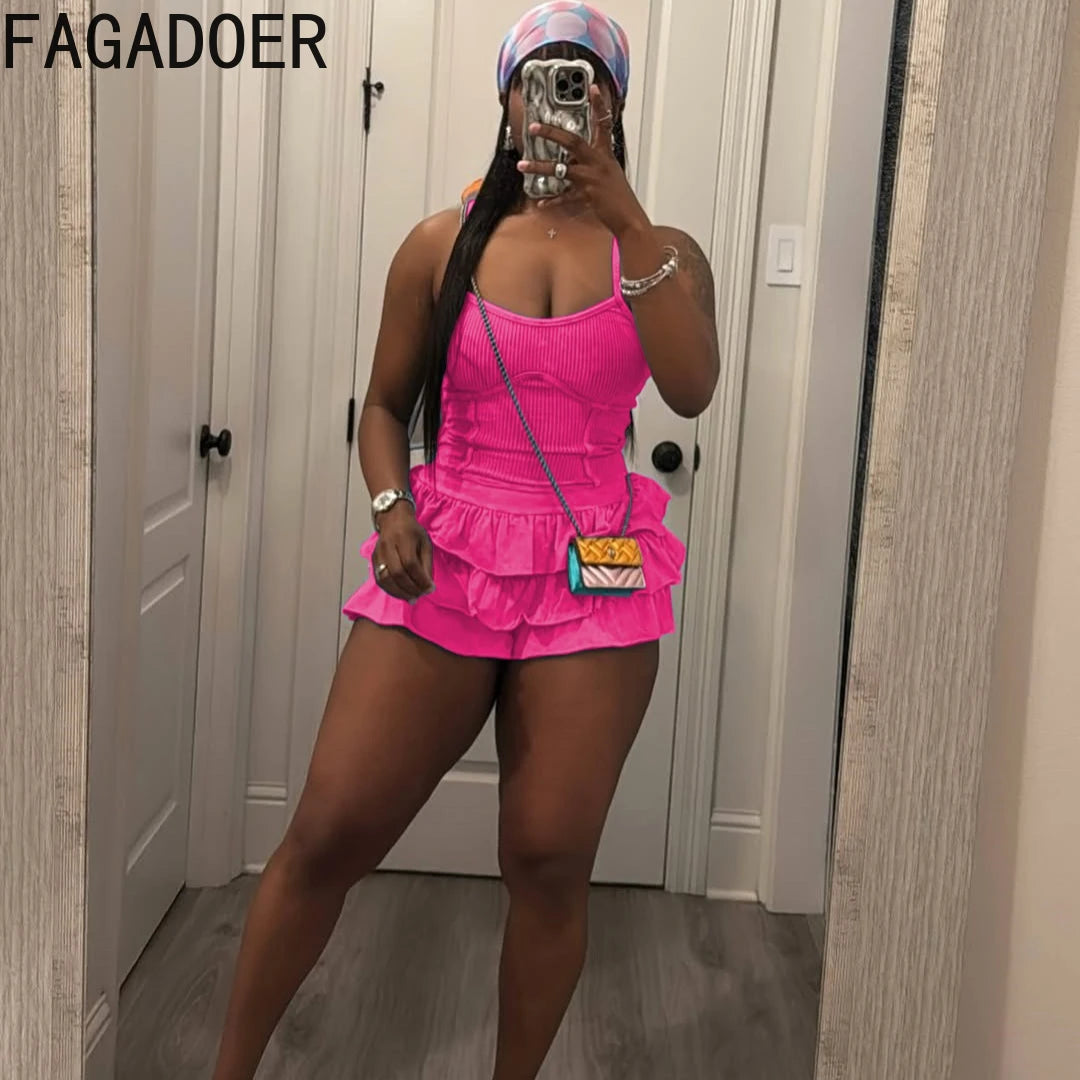 FAGADOER Casual Ribbing Two Piece Outfits Woman Solid Spaghetti Strap Tanks + Pleated Puff Skirt Female Streetwear Summer New