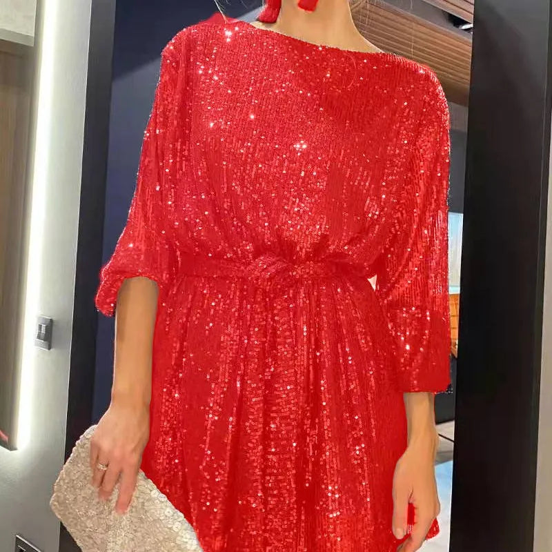 Sparkly Puff Long Sleeve Party Dress with Belt for Women Glitter Beaded Mini Dress Loose Wedding Bridesmaid Ladies Short Dresses