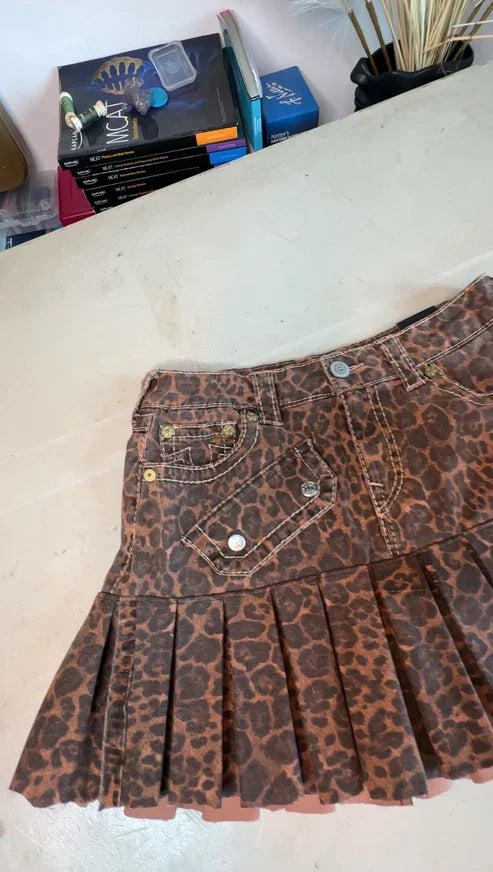 Street Style Women's Leopard Print Pocket Embroidered Mini Slim Skirt Y2K Fashion Summer Casual Fashion A-line Skirt