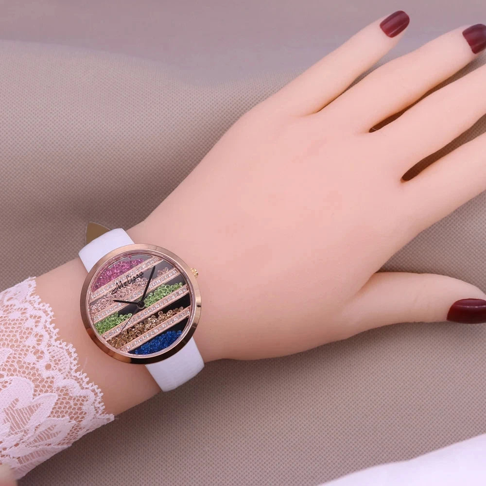 Luxury Unicorn Melissa Women's Watch Rhinestone Crystal Fashion Hour Real Leather Bracelet Clock Girl's Birthday Gift Box