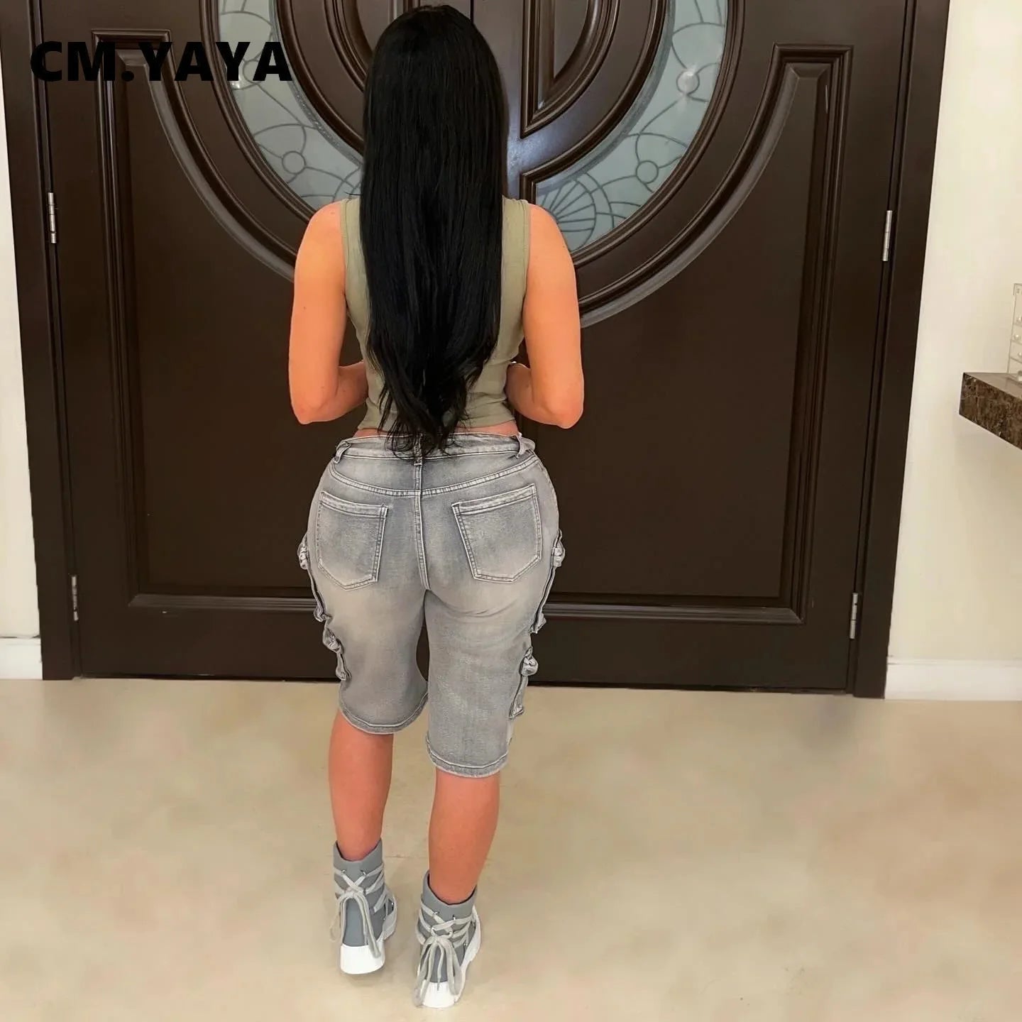CM.YAYA Women Straight Washed Denim Knee Length Cargo Pants 2025 Summer Multi Pocket Street Casual Wide Leg Jeans Trousers