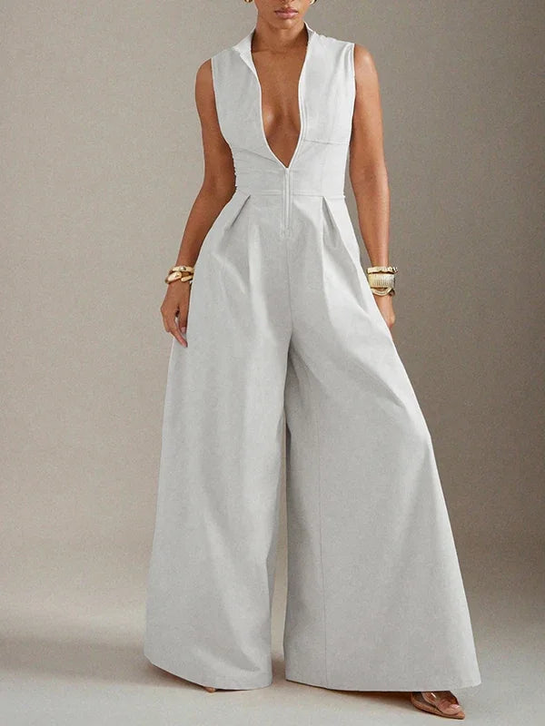 Beautyblue Female Jumpsuit V-neck Wide-leg Overalls Fashion Sleeveless Zipper Brown Formal Clothes Women's One-piece Jumpsuits