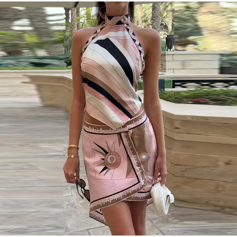 Print Irregular Women's Short Skirt Suits Halter Lace Up Backless Sleeveless Tank Top High Waist Sets Summer Lady Beach Outfits