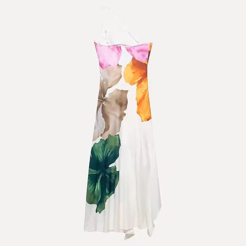 Flower Print Slanted Shoulder Dress Vintage Backless Sleeveless Skinny Irregular Robe For Women 2025 Summer Lady Beach Vestido