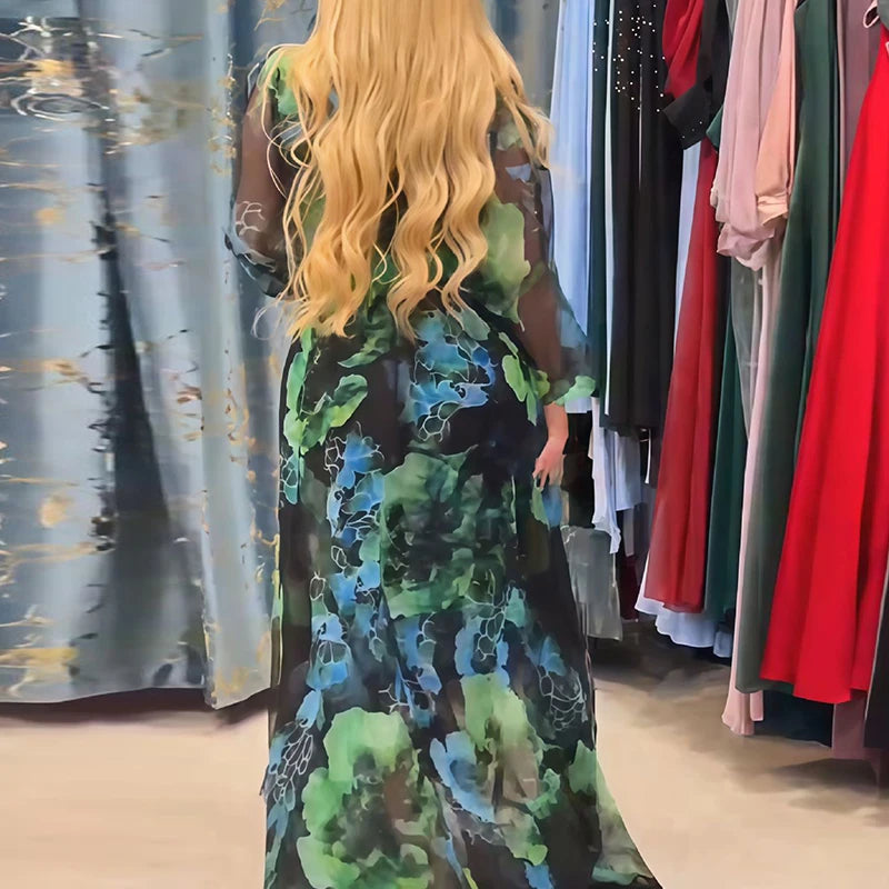 Fall Bohemian Casual Holiday Dresses Vintage Printed Long Sleeve High Waist Robe Dress Fashion V Neck Mesh Women's Party Dress