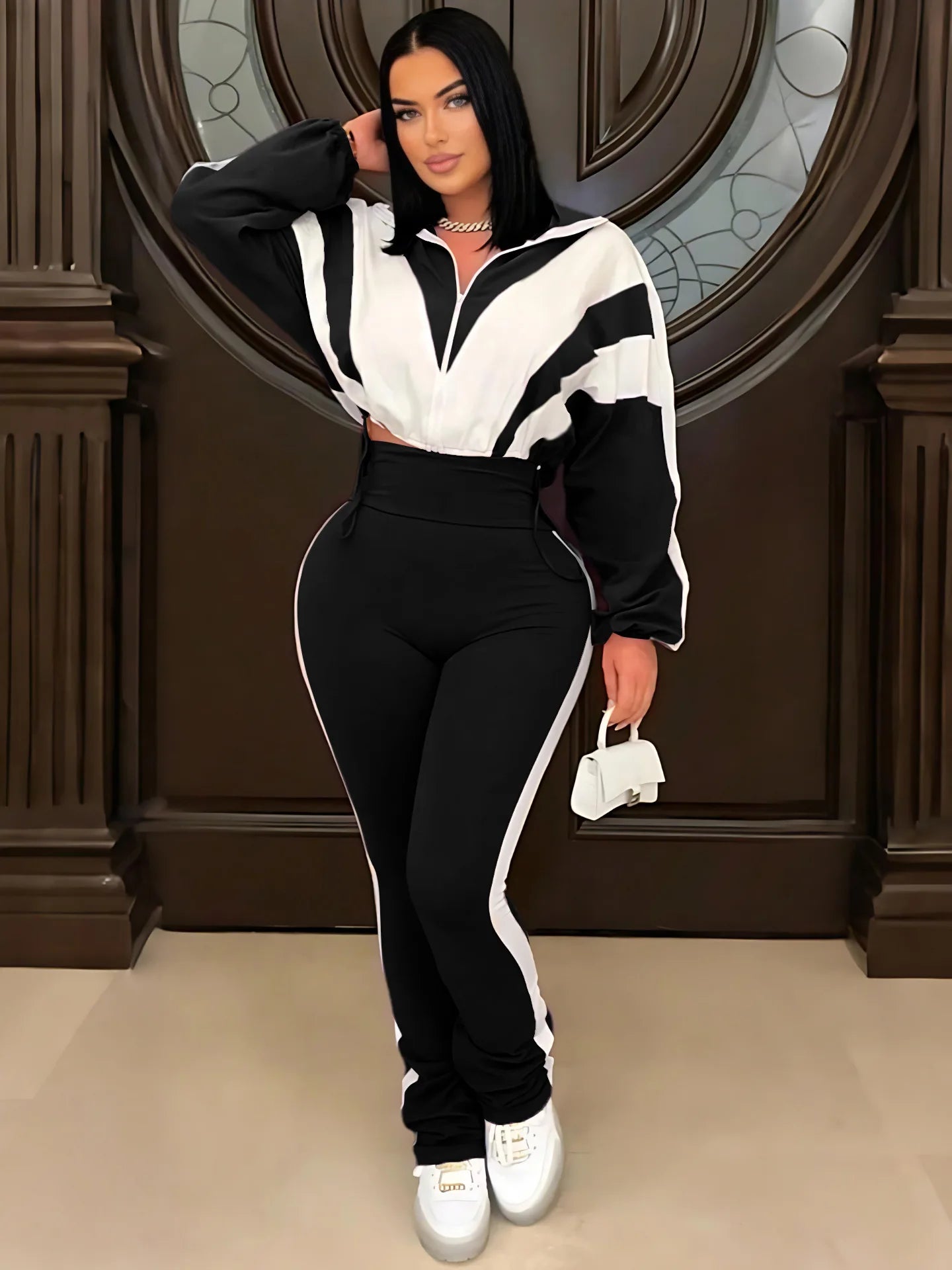CM.YAYA Active Patchwork Women's Set Zipper Sweatshirt Jacket and Long Pants Suit 2025 Fall Two 2 Piece Sets Outfit Tracksuit