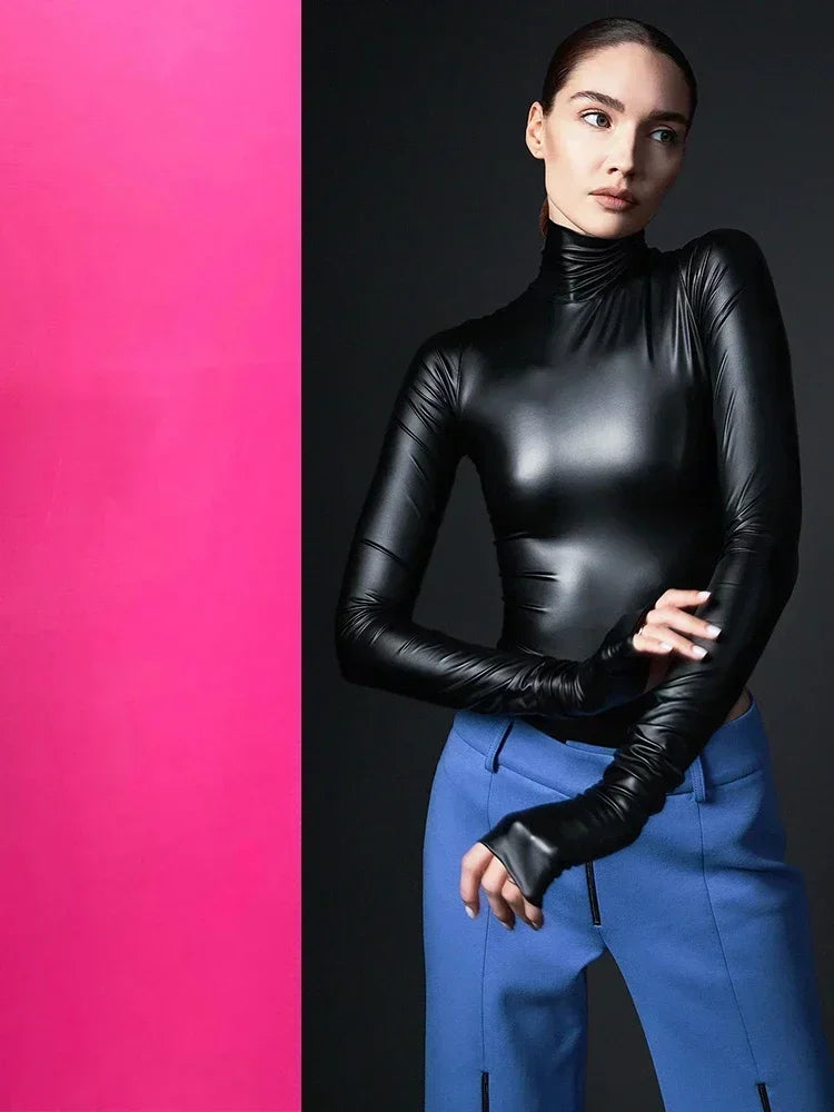 Women Faux Leather Bodysuits Long Sleeve High Neck Slim Jumpsuits Ladies Sexy Stretch Bodycon Bodysuits Party Clubwaer Custom