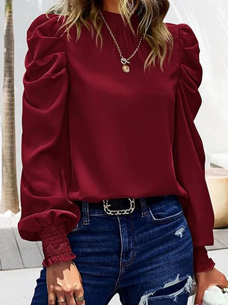 Women's Satin Puff Sleeves Elegant Retro Charm Commuter Style Long-Sleeved Turtleneck Skin-Friendly Fabric Casual Shirt
