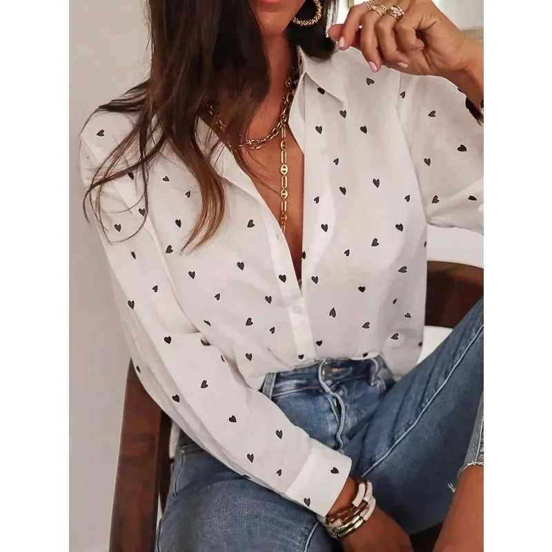 Plus Size Polka Dot Long Sleeve Lapel Blouse for Women