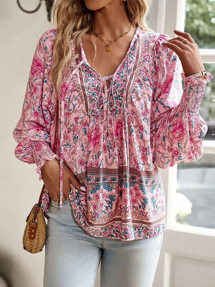 2025 Spring Summer Printed Shirt Women Elegant Chiffon V-neck Long-sleeve Top