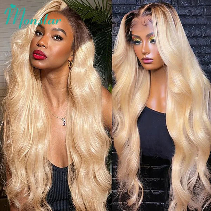 13x6 Lace Frontal Wig Brazilian Straight Full Lace Human Hair Wig 2 Tone Dark Root 1B 613 Ombre Blonde Lace Front Wigs for Women