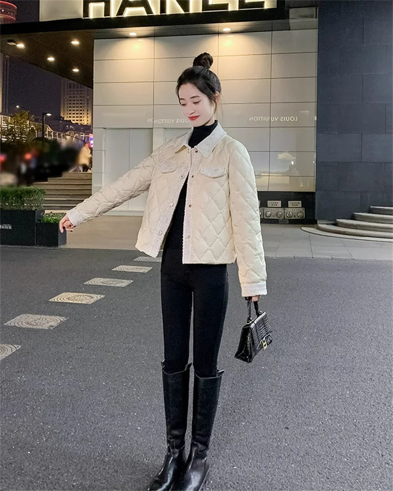 Lightweight Down Cotton Jacket Women's Short Jacket 2023 Winter New White French Style Fashion Women Jackets Patchwork Tweed Coa